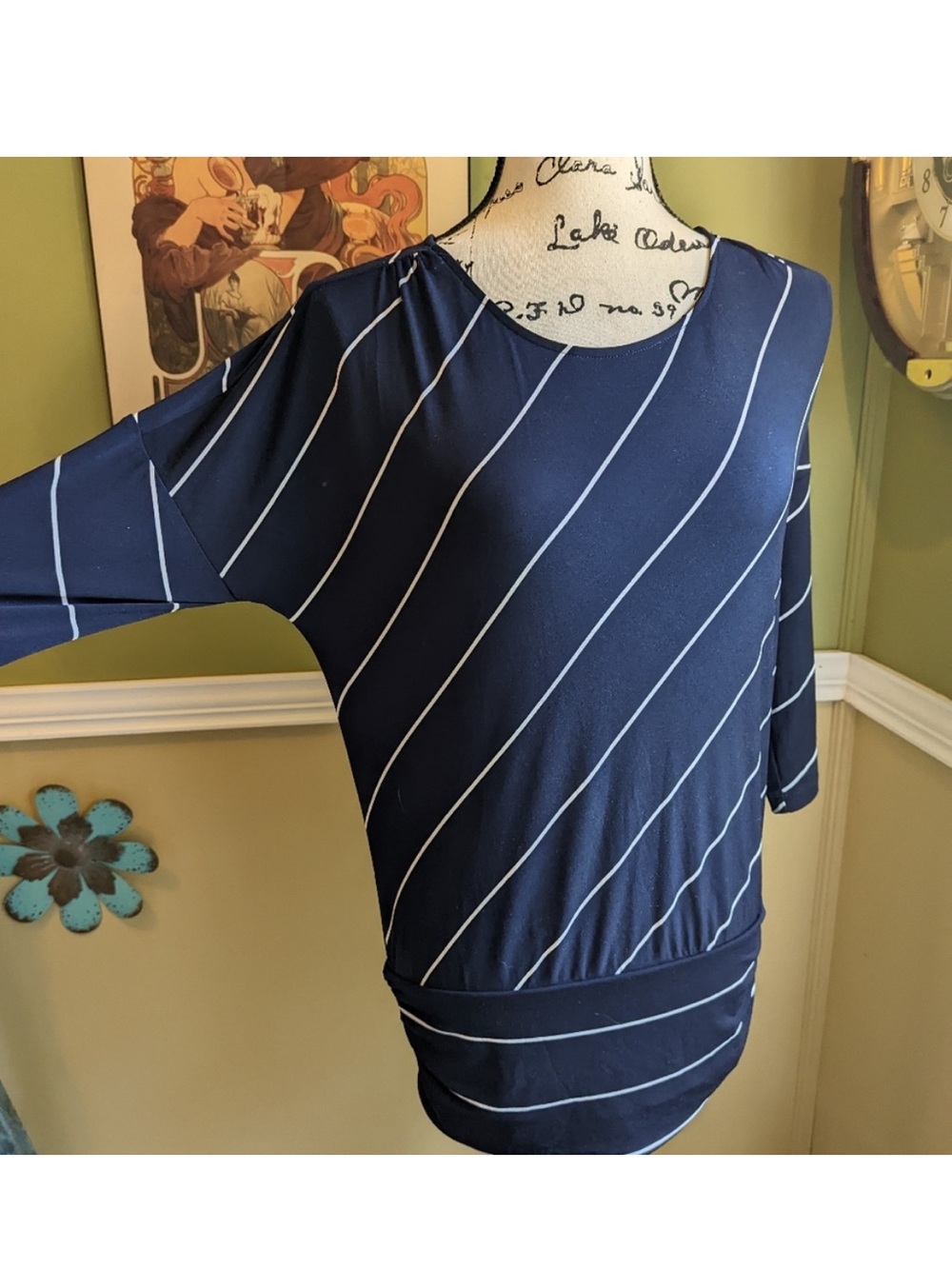 Chico’s Shirt - black/beige stripe popover tunic with banded waist